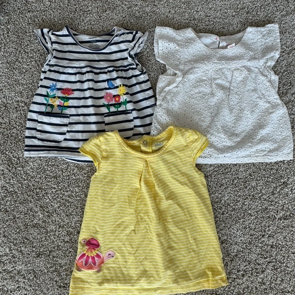 Girls Tops Bundle – Striped Floral, Eyelet White & Yellow Tee – Size 18 Months